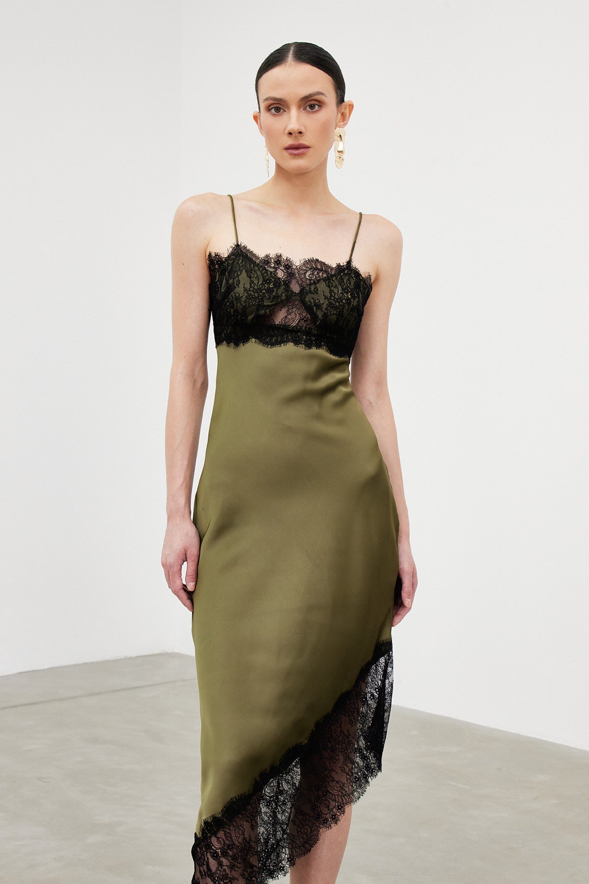 Bess Spaghetti Lace Asymmetric Midi Dress - View 5