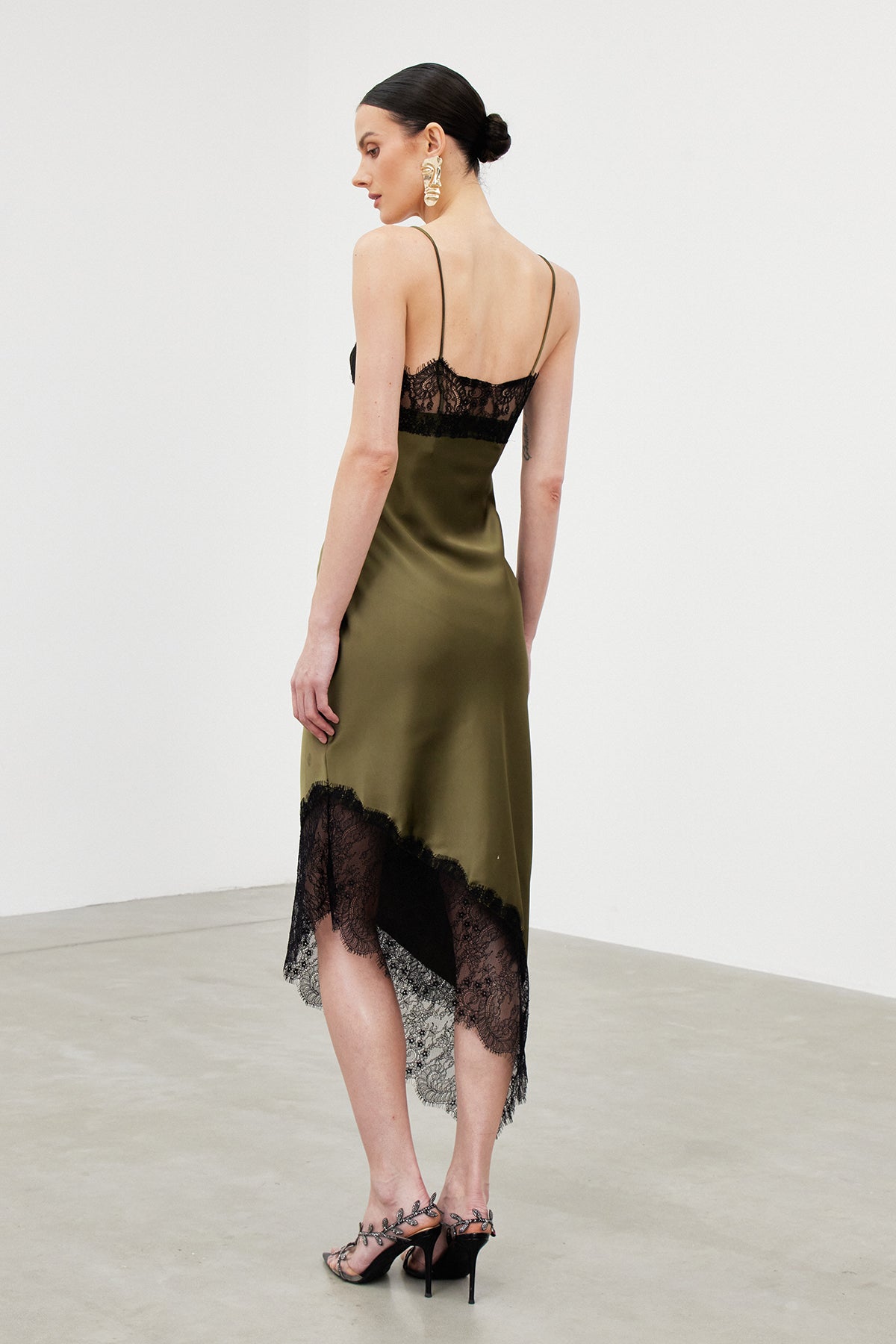 Bess Spaghetti Lace Asymmetric Midi Dress - View 4