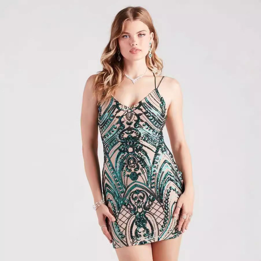Sequin V-Neck Sleeveless Backless Bodycon Mini Dress