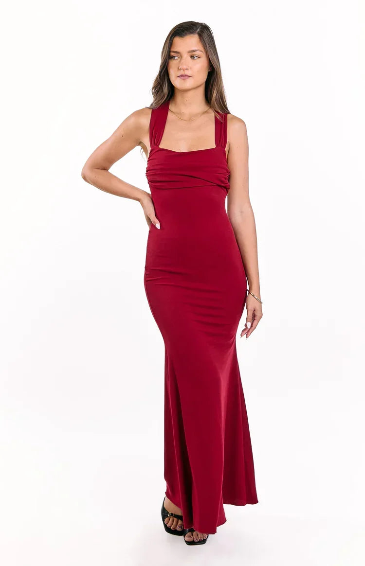 Crepe Strappy Cross Back Tie Back Bodycon Maxi Dress 2