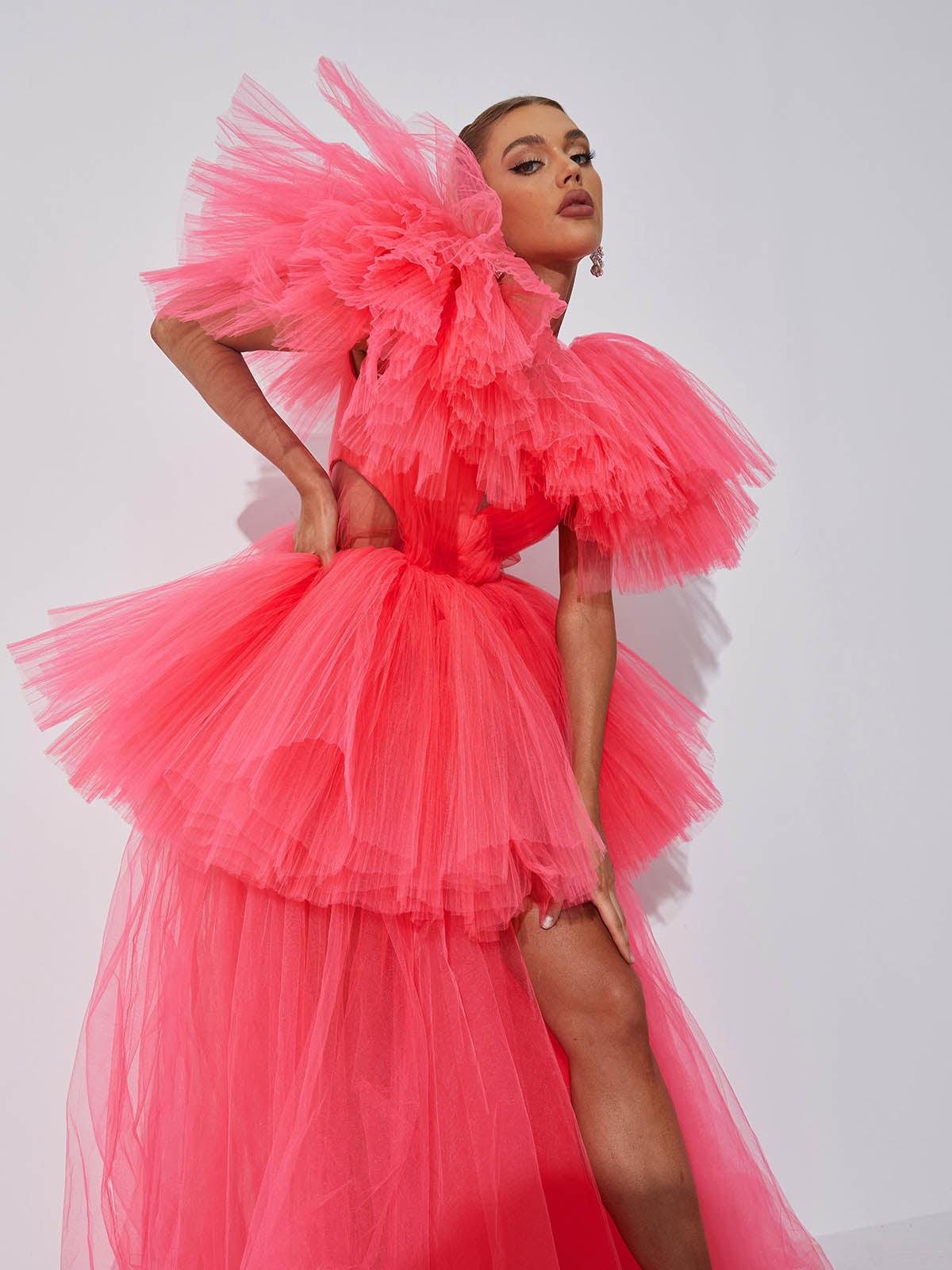 Tulle Deep V-Neck Cut Out Waist Ruffle Sleeve Tiered Maxi Gown
