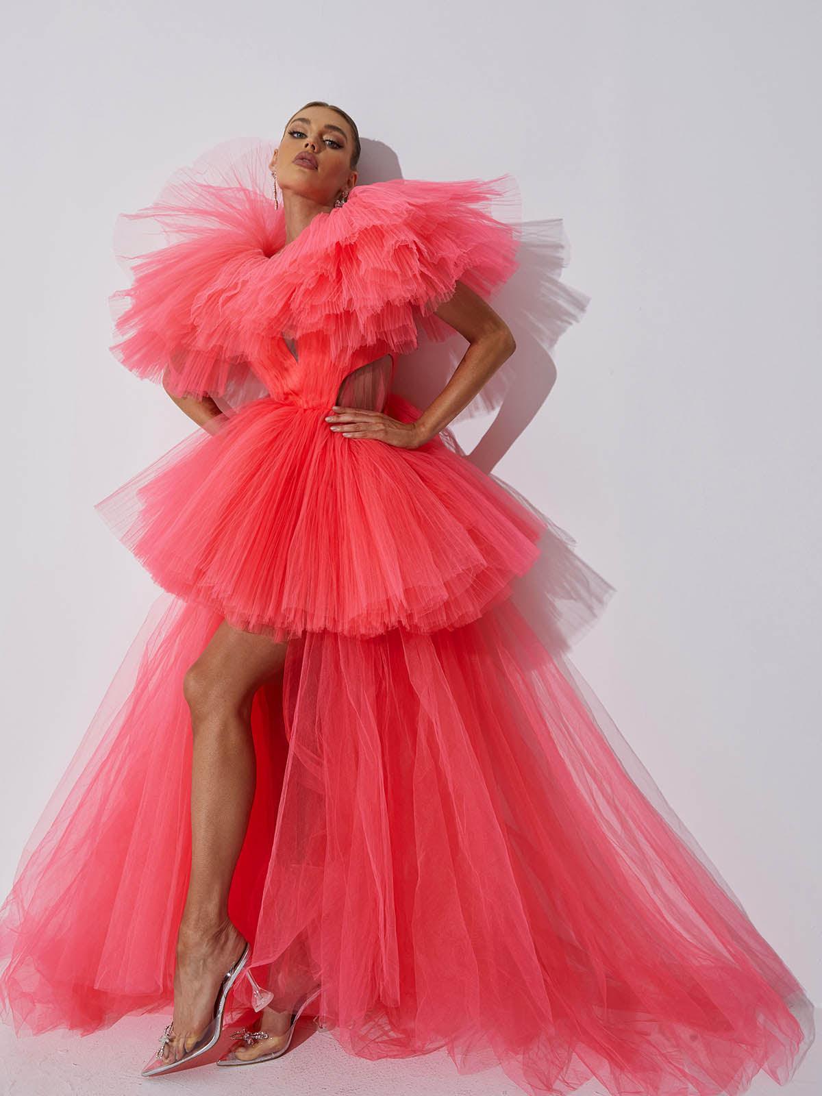 Tulle Deep V-Neck Cut Out Waist Ruffle Sleeve Tiered Maxi Gown