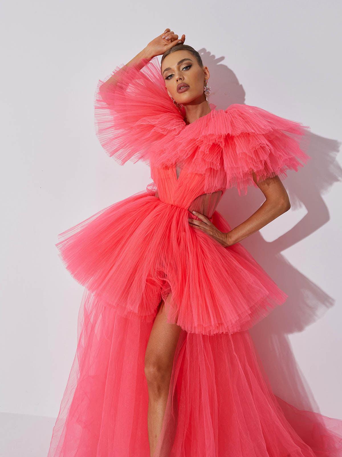 Tulle Deep V-Neck Cut Out Waist Ruffle Sleeve Tiered Maxi Gown