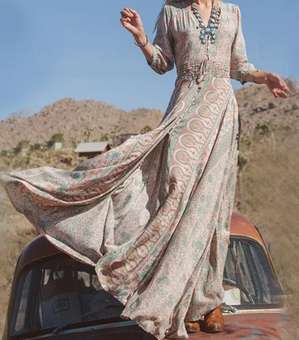 Paisley Print Deep V-Neck Three Quarter Sleeve Button Front Smocked Waist High Split Maxi Summer Dress