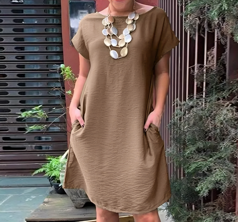 Textured Round Neck Cap Sleeve Pocket Loose Shift Dress
