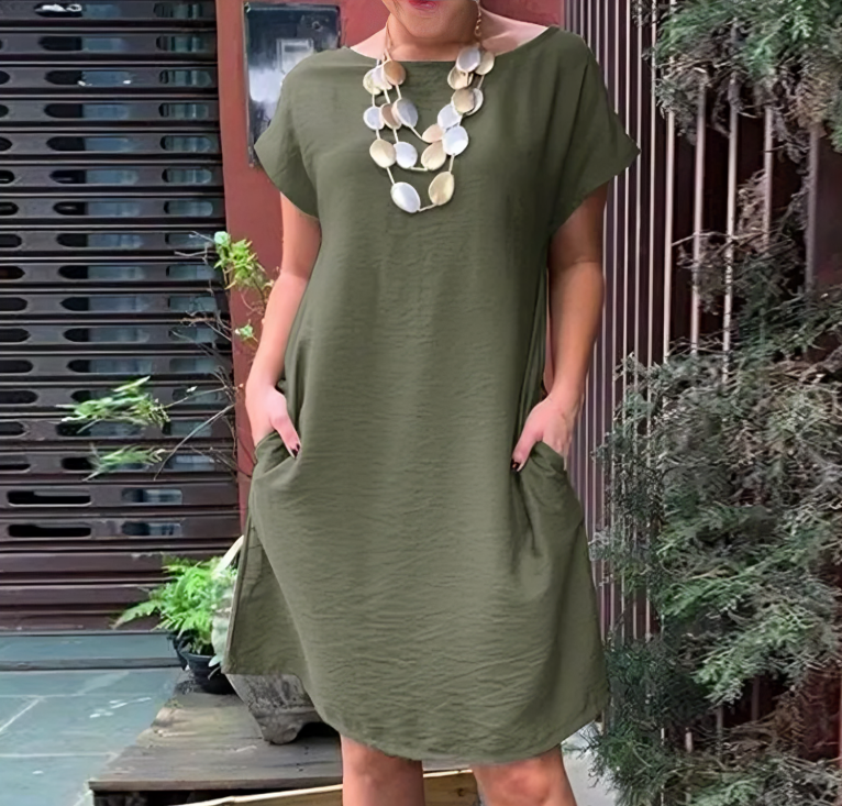 Textured Round Neck Cap Sleeve Pocket Loose Shift Dress