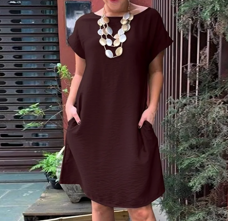Textured Round Neck Cap Sleeve Pocket Loose Shift Dress