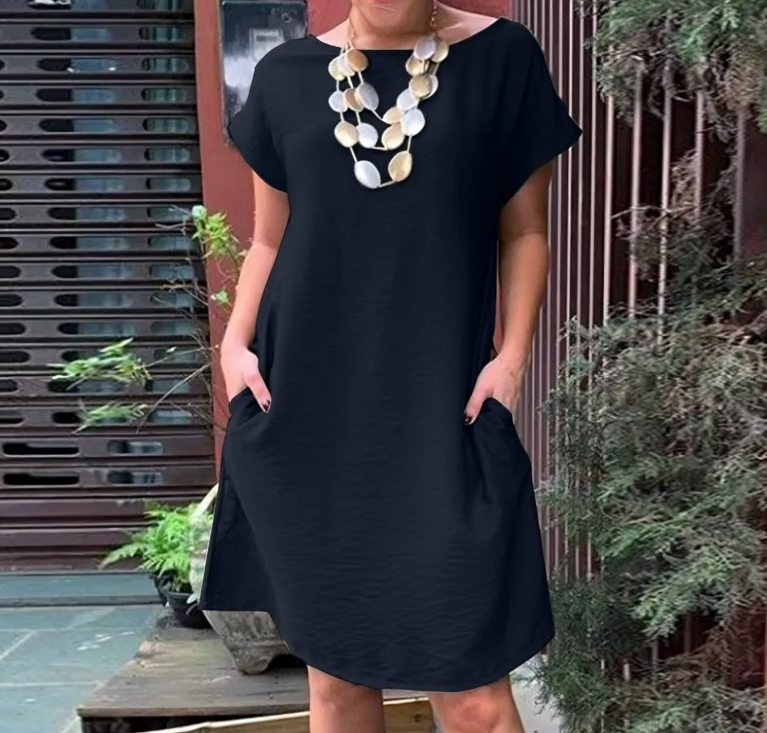 Harper Chic Loose Round Neck Short Sleeve Dress Elevated Occasion Wear