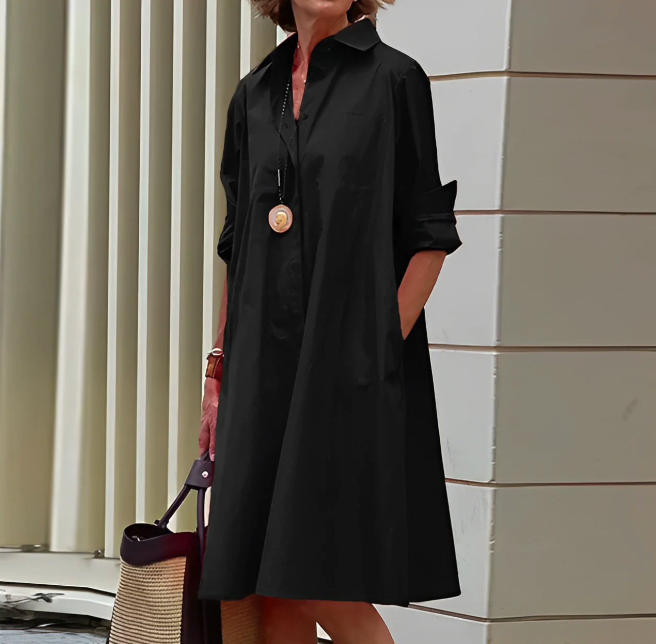 Collar Button Front Long Sleeve Pocket Shirt Midi Dress