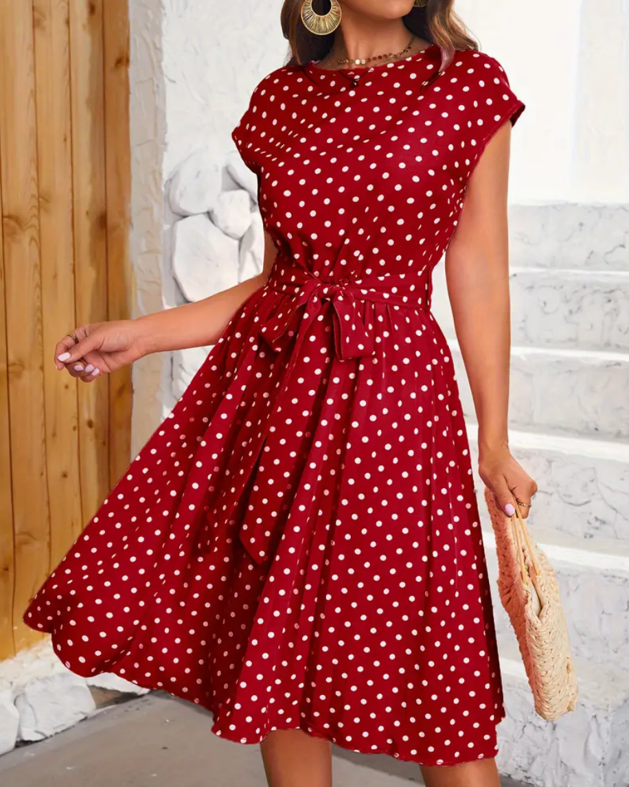 Statement Grace Polka Dot Midi Dress with Tie Belt Evening Wear Edit