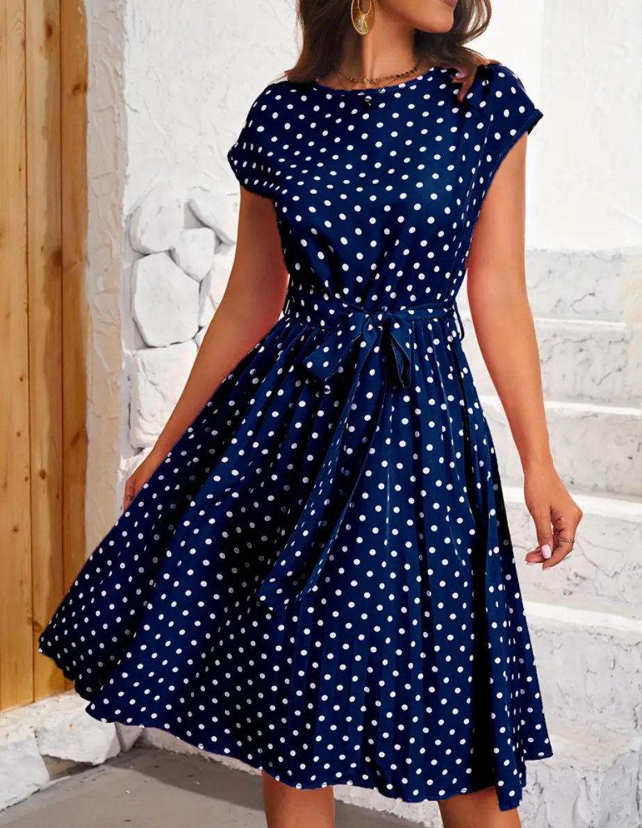 Statement Grace Polka Dot Midi Dress with Tie Belt Evening Wear Edit
