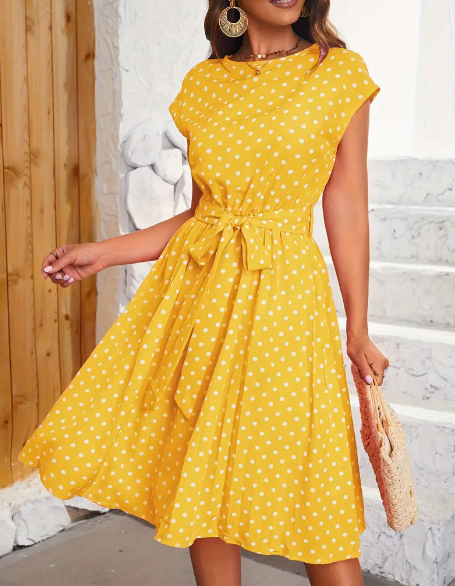 Statement Grace Polka Dot Midi Dress with Tie Belt Evening Wear Edit