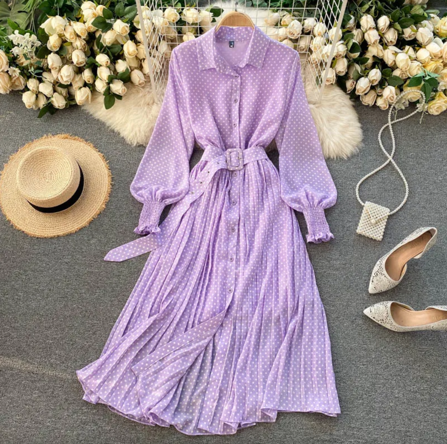 Polka Dot Long Sleeve Collared Button Down Belted Pleated Midi Shirt Dress