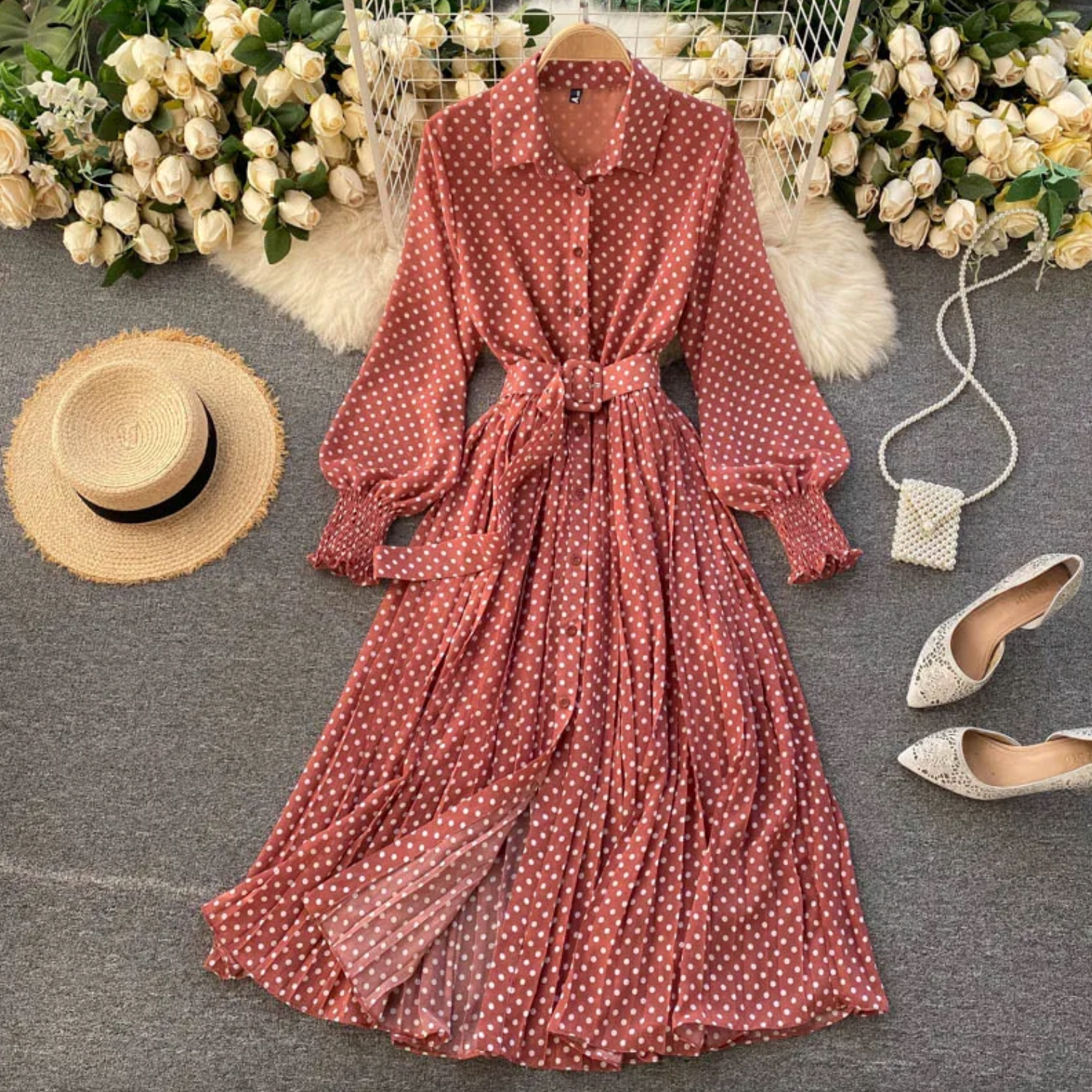 Polka Dot Long Sleeve Collared Button Down Belted Pleated Midi Shirt Dress