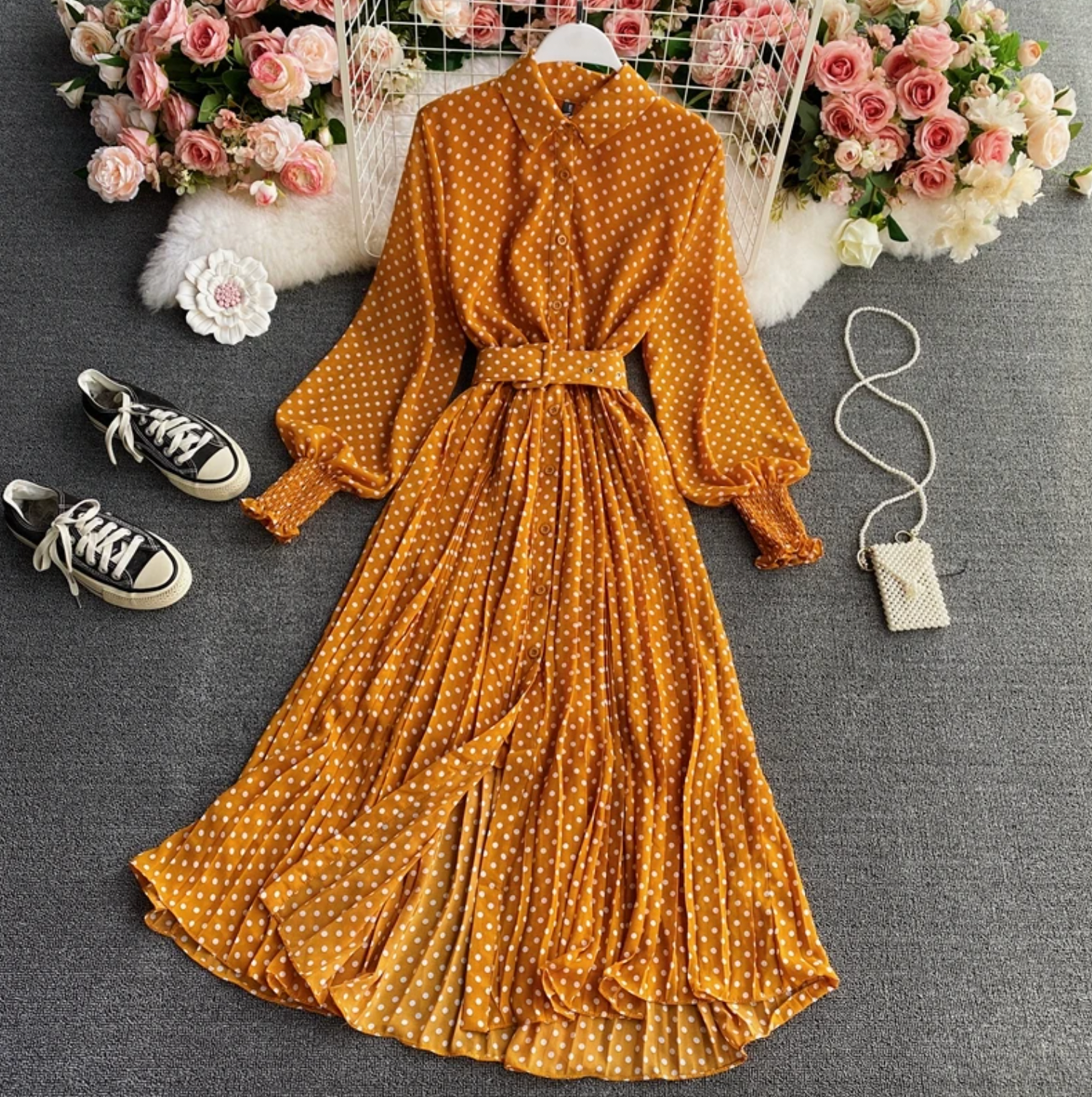 Polka Dot Long Sleeve Collared Button Down Belted Pleated Midi Shirt Dress