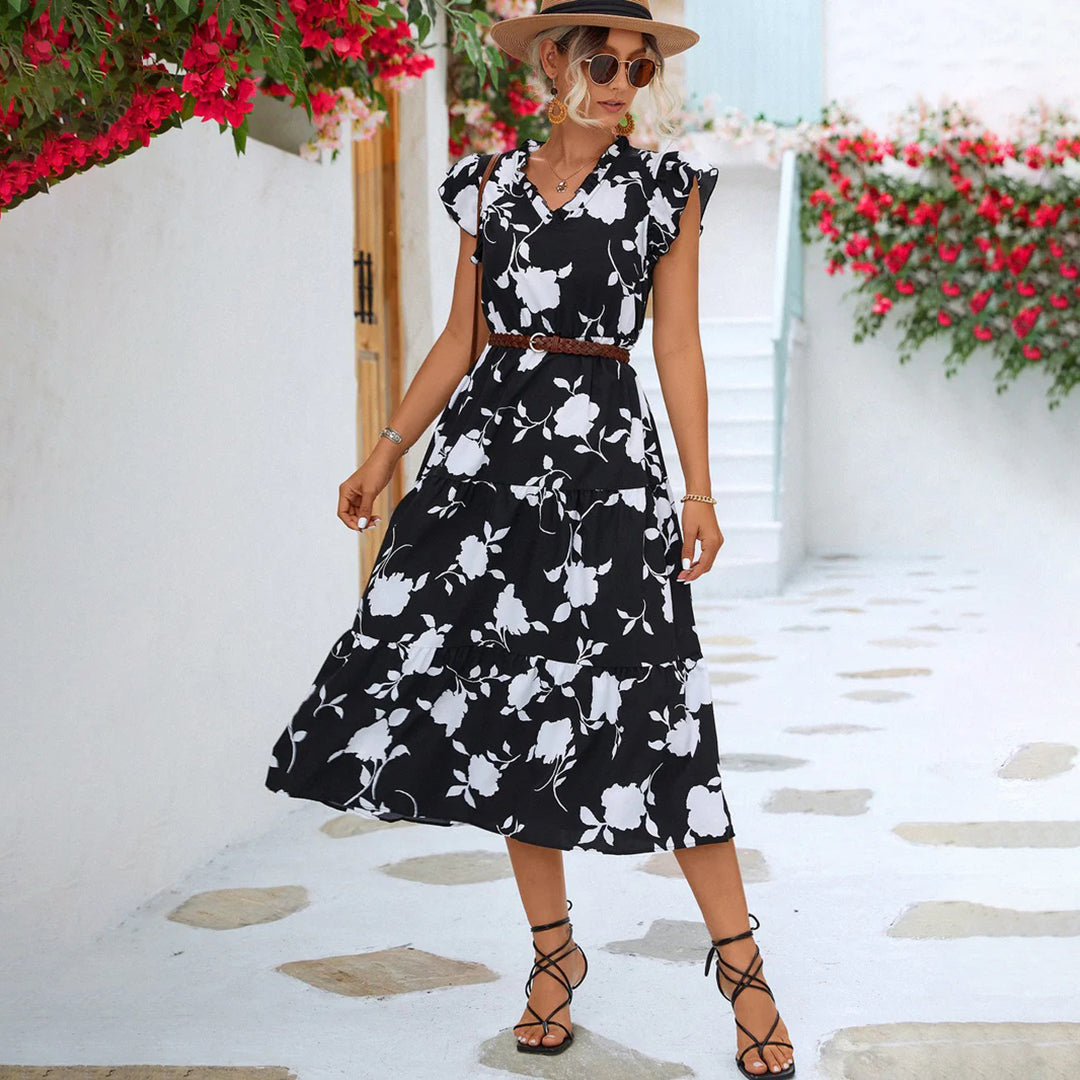 Floral Print V-Neck Flutter Sleeve Elastic Waist Tiered Ruffle Midi Summer Dress
