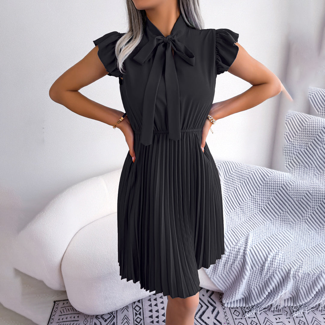 Tie Neck Ruffle Sleeve Accordion Pleated Mini Dress