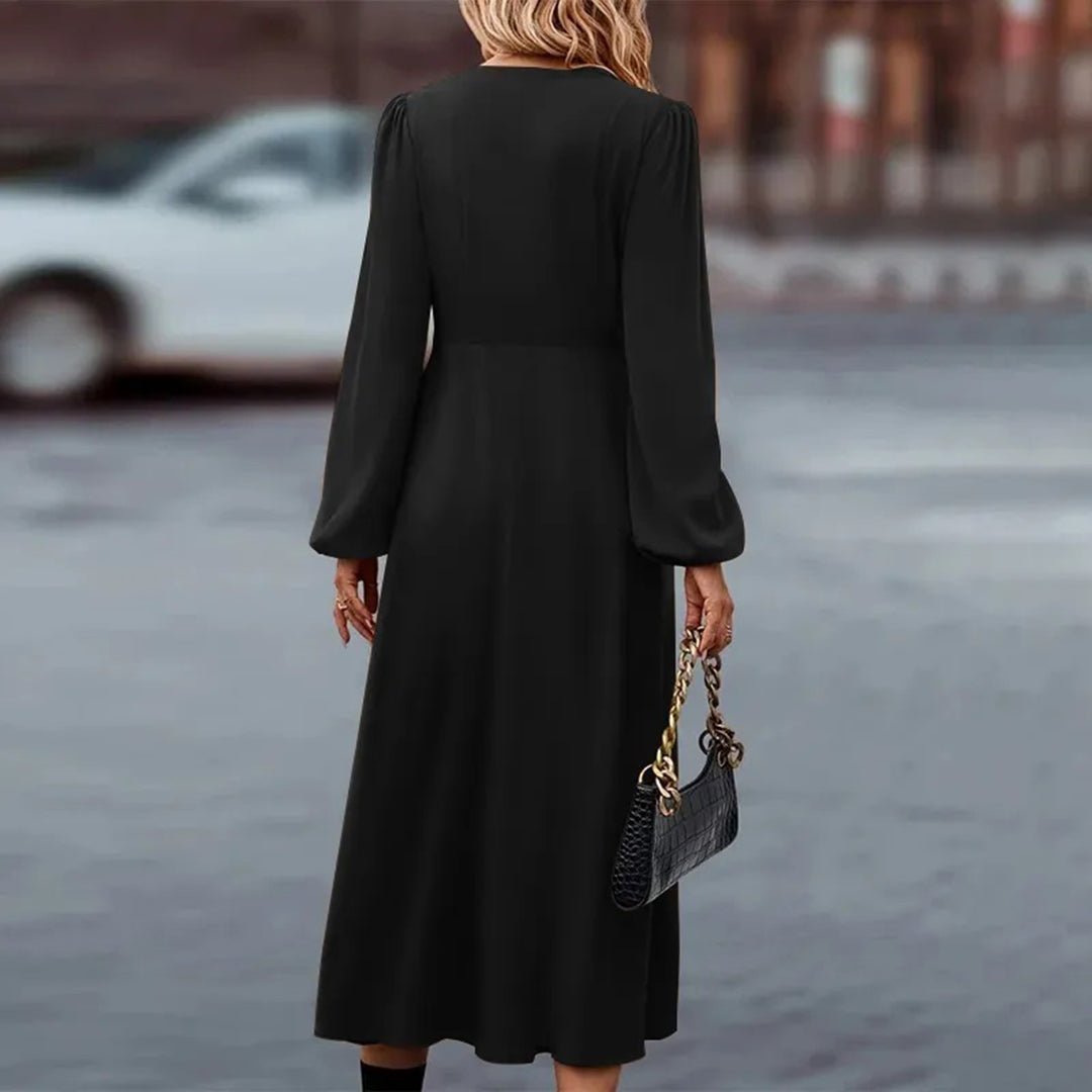 V-Neck Long Lantern Sleeve Button Front Pleated Maxi Dress 5