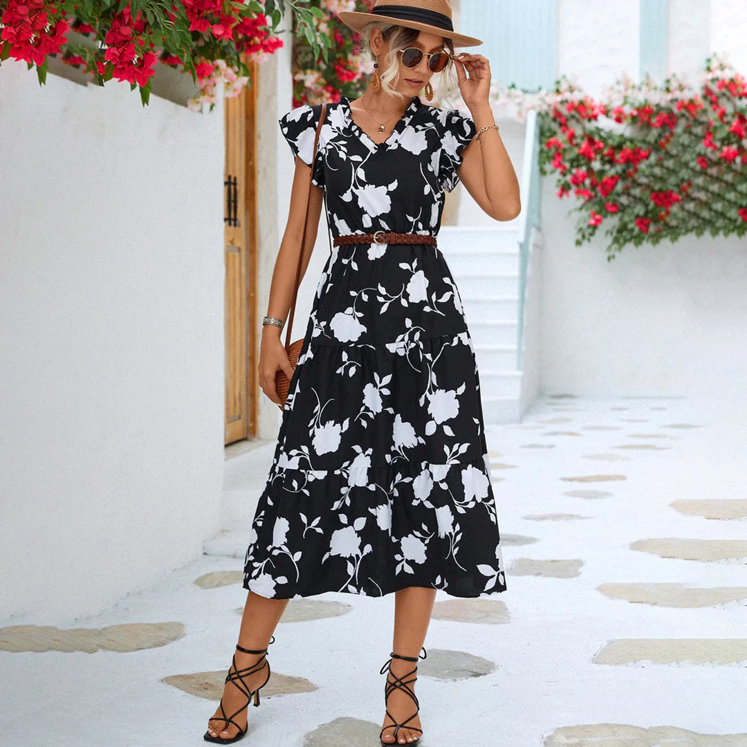 Floral Print V-Neck Flutter Sleeve Elastic Waist Tiered Ruffle Midi Summer Dress