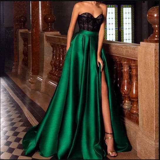 Lace Strapless Sweetheart Corset Pleated Pocket High Split A-Line Gown
