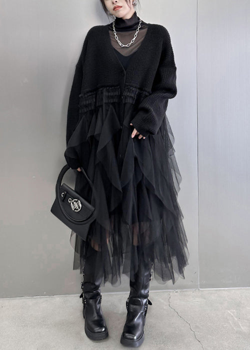 V-Neck Button Front Knit Tulle Asymmetrical Tiered Midi Dress