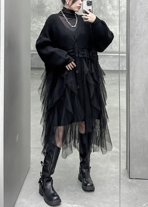 V-Neck Button Front Knit Tulle Asymmetrical Tiered Midi Dress
