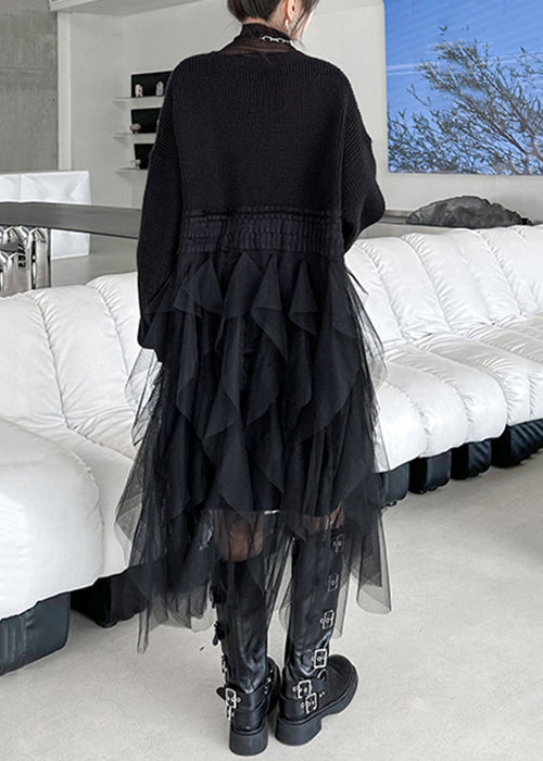 V-Neck Button Front Knit Tulle Asymmetrical Tiered Midi Dress
