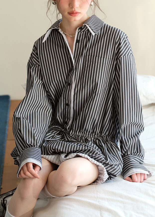 Striped Point Collar Long Sleeve Mini Shirt Dress - View 2