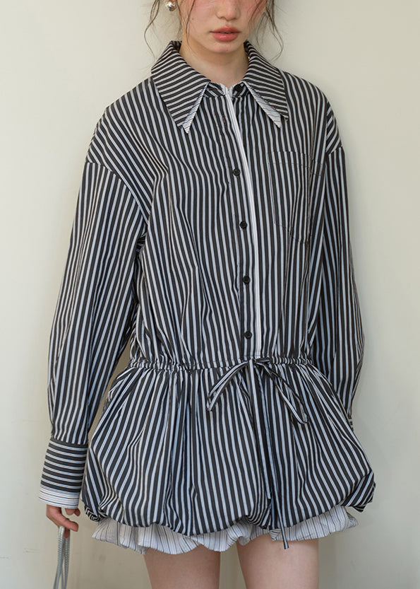 Striped Point Collar Long Sleeve Drawstring Waist Bubble Hem Mini Shirt Dress