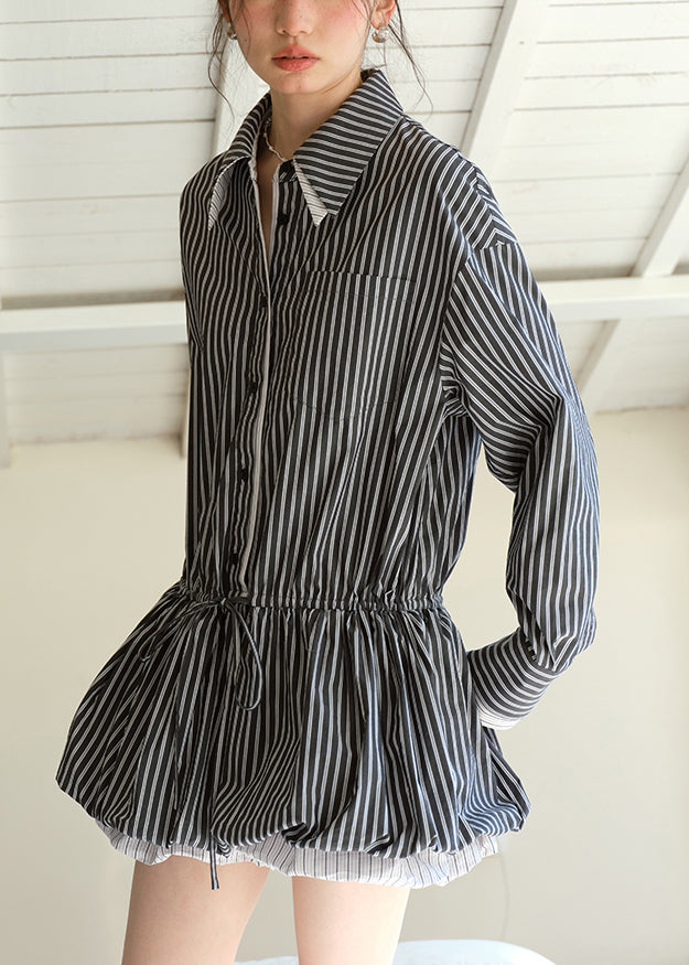 Striped Point Collar Long Sleeve Drawstring Waist Bubble Hem Mini Shirt Dress