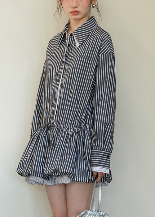 Striped Point Collar Long Sleeve Drawstring Waist Bubble Hem Mini Shirt Dress