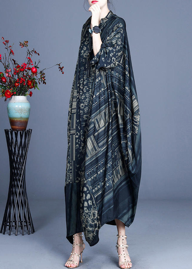 Patchwork Leopard Floral Mandarin Collar Batwing Sleeve Maxi Dress