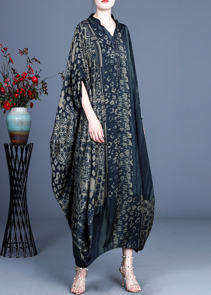 Patchwork Leopard Floral Mandarin Collar Batwing Sleeve Maxi Dress