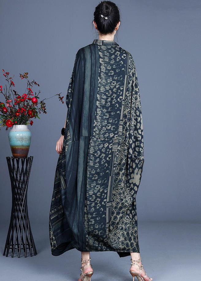 Patchwork Leopard Floral Mandarin Collar Batwing Sleeve Maxi Dress