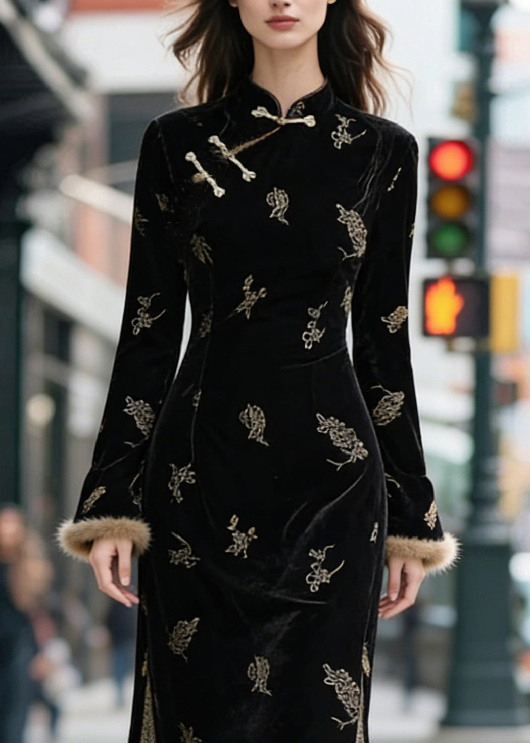 Mandarin Collar Frog Closure Embroidered Velvet Fur Cuff High Split Maxi Dress
