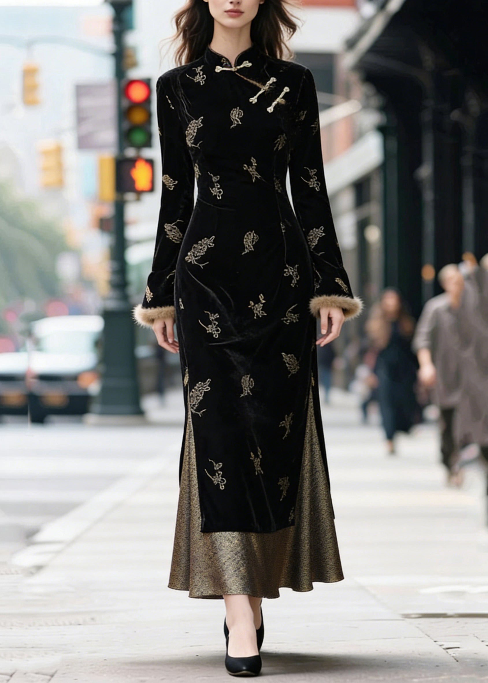 Mandarin Collar Frog Closure Embroidered Velvet Fur Cuff High Split Maxi Dress
