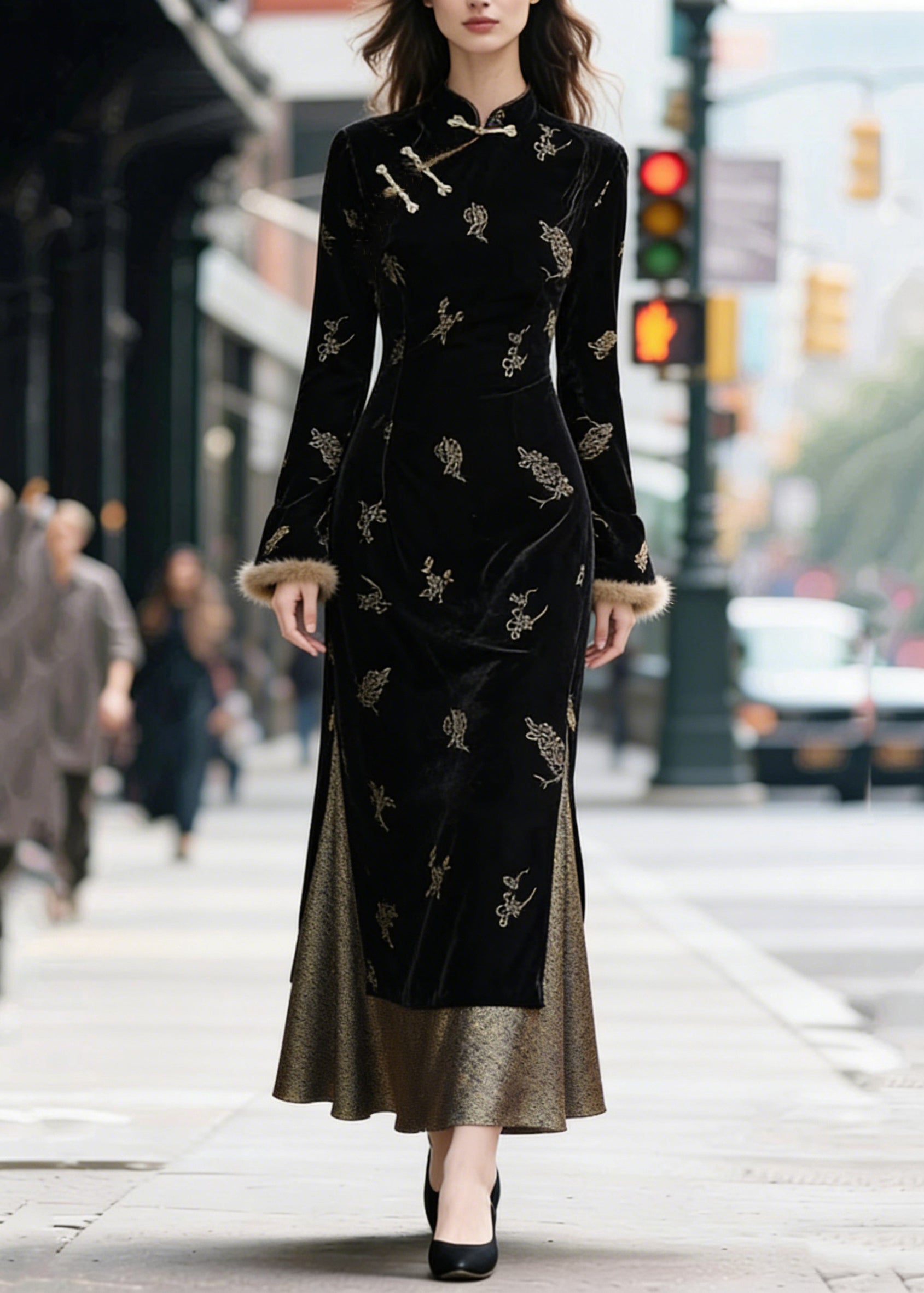 Mandarin Collar Frog Closure Embroidered Velvet Fur Cuff High Split Maxi Dress
