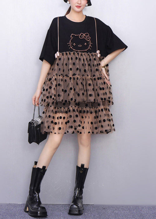 Beaded Cat Graphic Polka Dot Tulle Tiered Ruffle T Shirt Dress