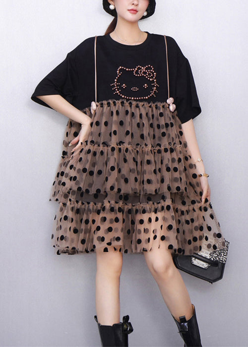 Black Cool Hello Kitty Polka Tulle Patchwork Summer Mid Dress Ruffled - View 2
