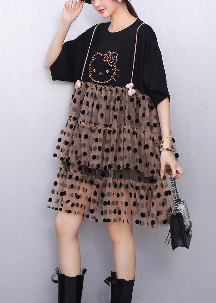 Black Cool Hello Kitty Polka Tulle Patchwork Summer Mid Dress Ruffled - View 3