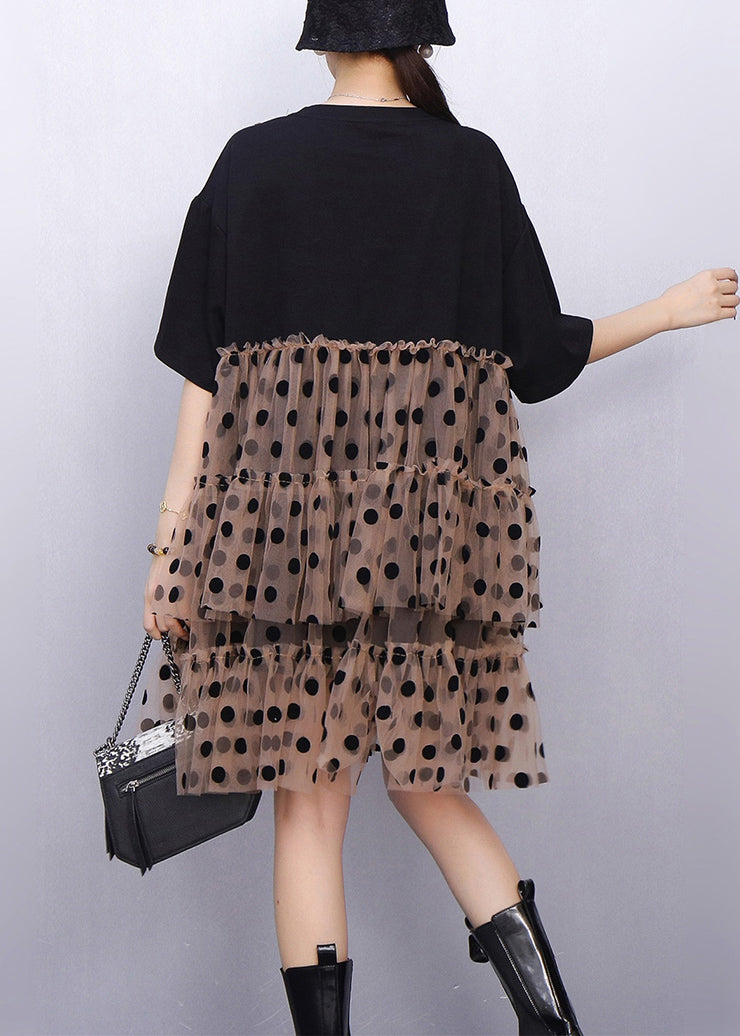 Black Cool Hello Kitty Polka Tulle Patchwork Summer Mid Dress Ruffled - View 4