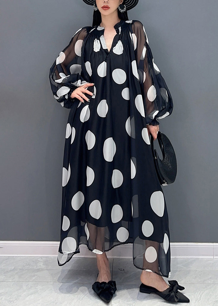 Black Dot Dreamland Tie Waist Chiffon Long Dress Puff Sleeve - View 2