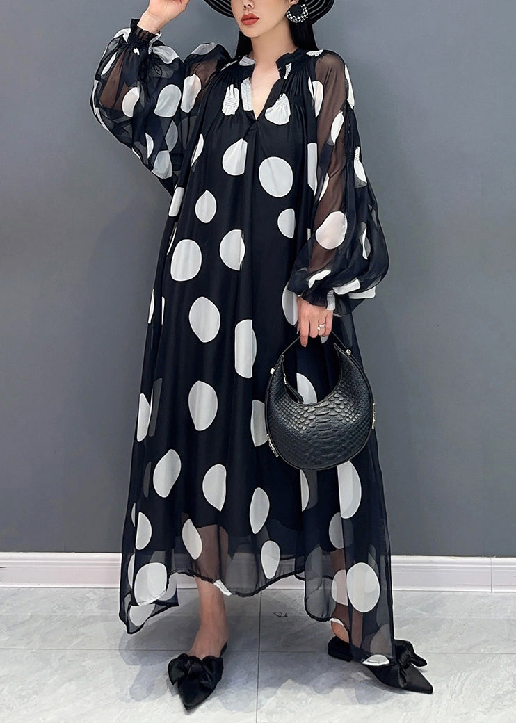 Black Dot Dreamland Tie Waist Chiffon Long Dress Puff Sleeve - View 3