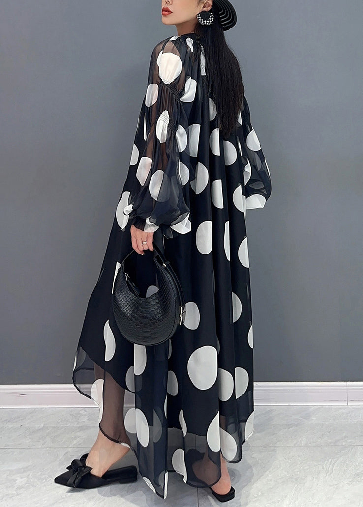 Black Dot Dreamland Tie Waist Chiffon Long Dress Puff Sleeve - View 4