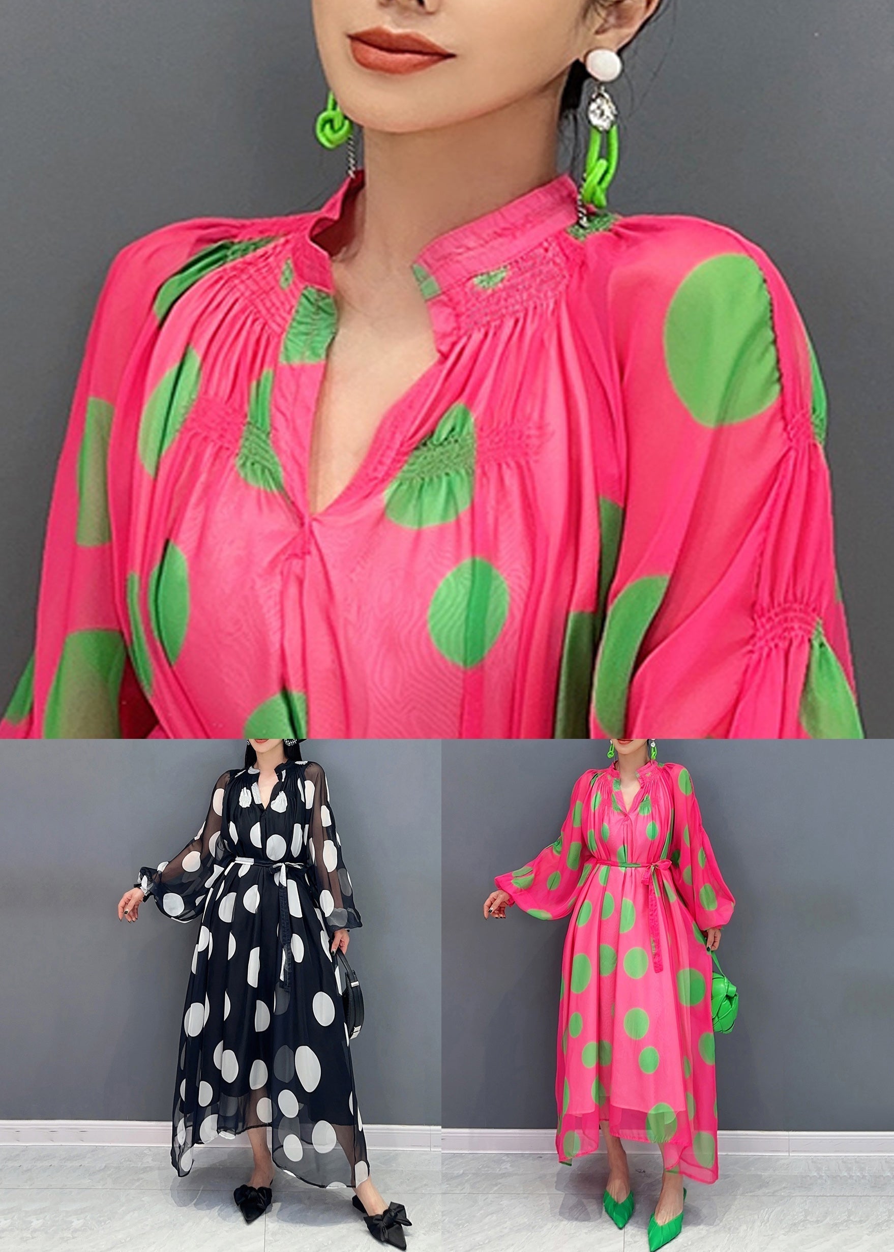 Black Dot Dreamland Tie Waist Chiffon Long Dress Puff Sleeve - View 5