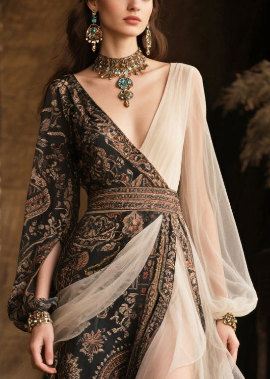 Paisley Print Wrap Deep V-Neck Sheer Lantern Sleeve Ruffle Overlay High Split Maxi Gown