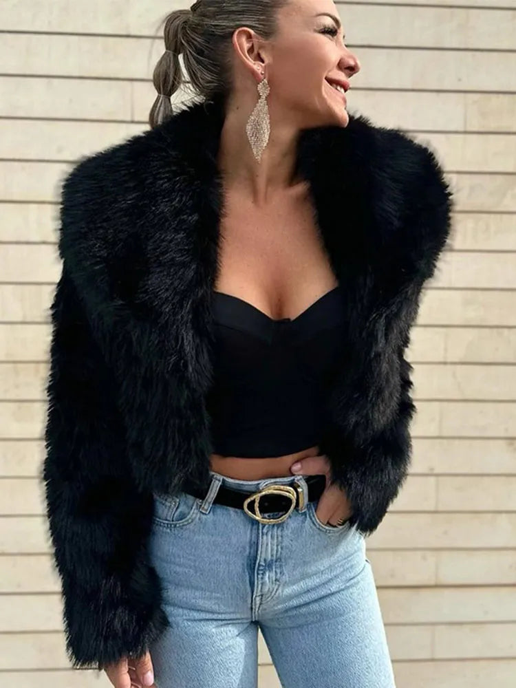 Faux Fur Wide Collar Long Sleeve Cropped Jacket 3