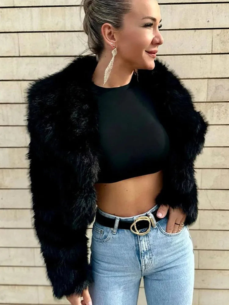 Faux Fur Wide Collar Long Sleeve Cropped Jacket 4