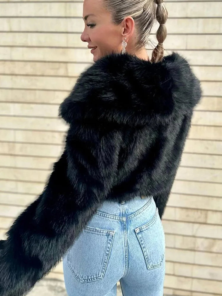 Faux Fur Wide Collar Long Sleeve Cropped Jacket 2
