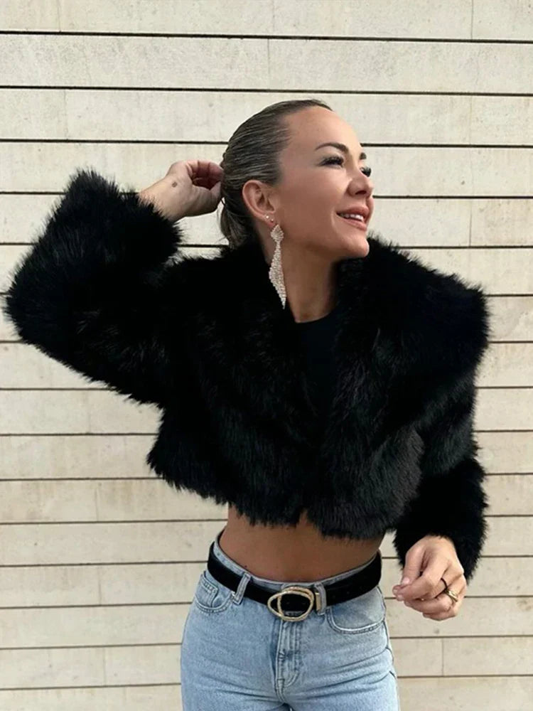 Faux Fur Wide Collar Long Sleeve Cropped Jacket